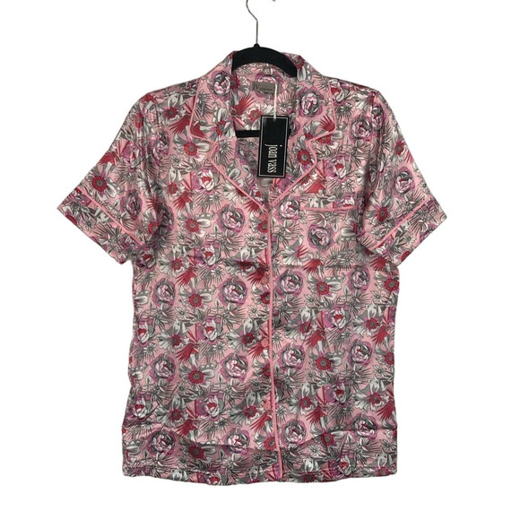 JV Joan Vass Satin Short Sleeve Button Up Pajama Top - Women's Size M- Pink